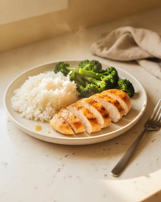 Chicken, rice and broccoli for one