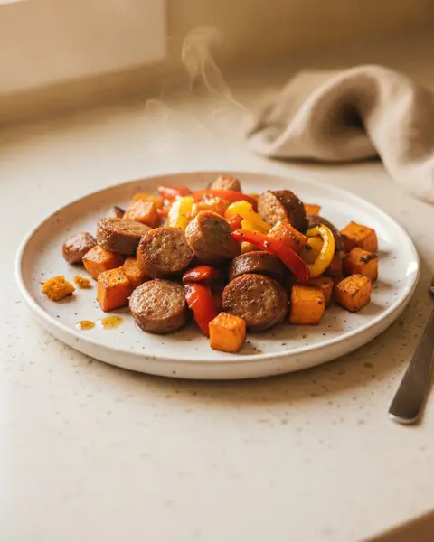 Sheet-pan sausage & sweet potato, a dinner for one