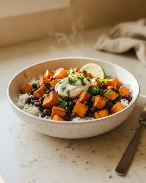 Sweet potato & black bean bowl, a dinner for one